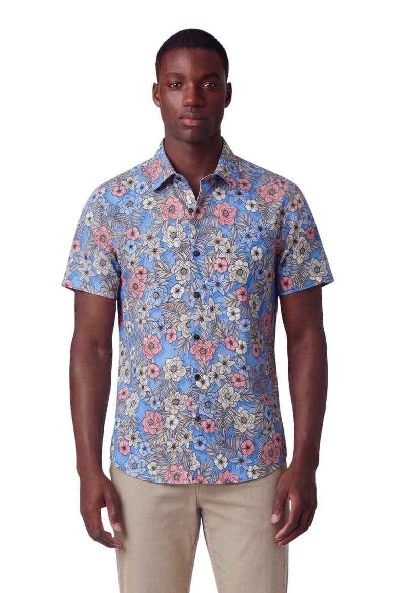 Tropical Mix Mens Printed Button Up Shirt, Main, color, TROPICAL MIX ROYAL