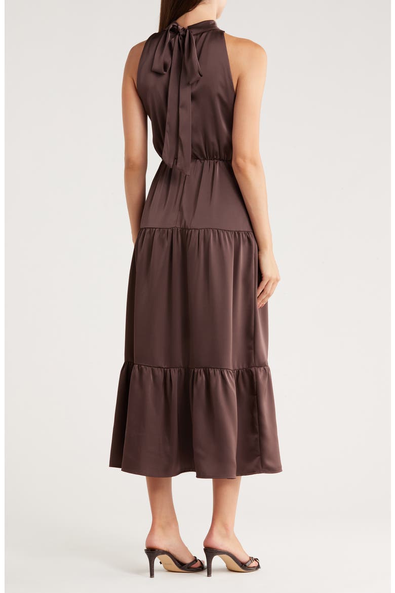 High Neck Fluid Satin Midi Dress, Alternate, color, MOCHA