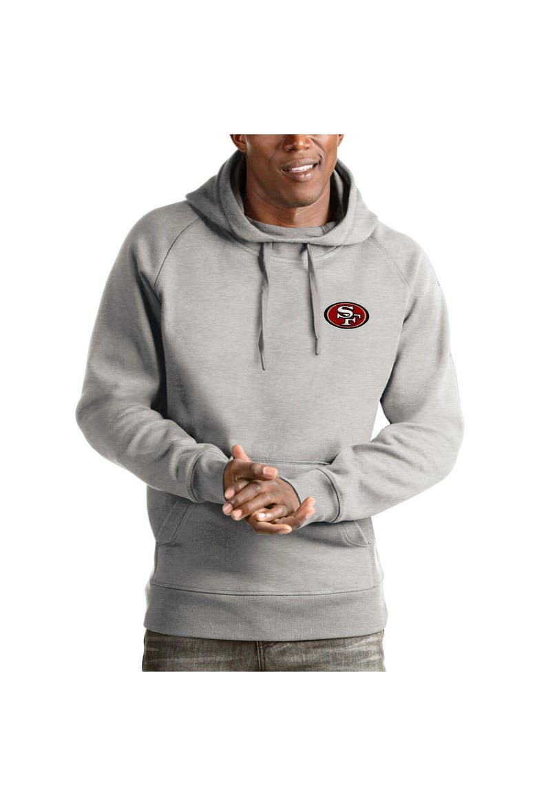 Men's Antigua Heathered Gray San Francisco 49ers Logo Victory Pullover Hoodie, Main, color, Heather Gray
