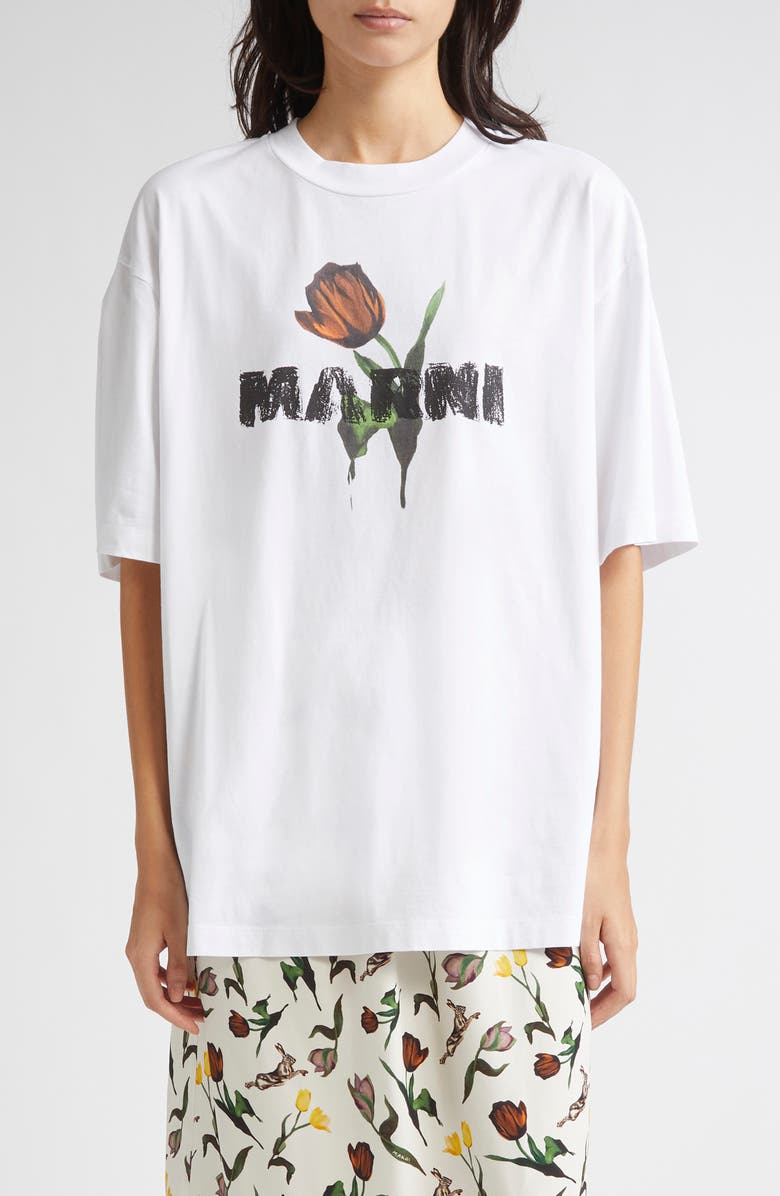 Marni Boxy Fit Crewneck Graphic T-Shirt, Main, color, Low01 Lily White