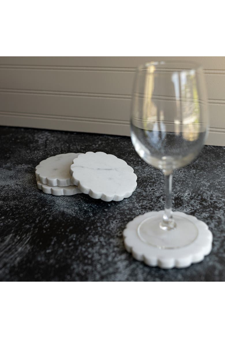 4" Emery Vintage Scalloped White Marble Coasters Set of 3 with Jute Tie, Alternate, color, White