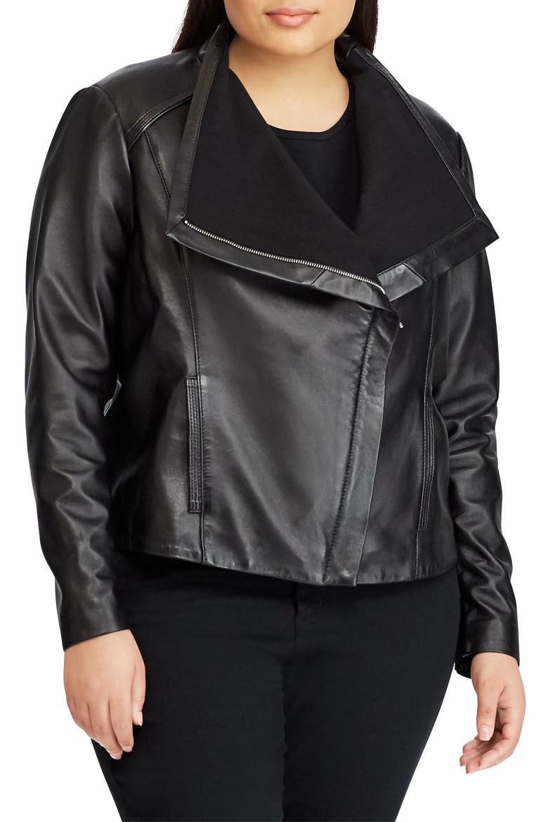 Drape Front Leather Jacket, Main, color, BLACK