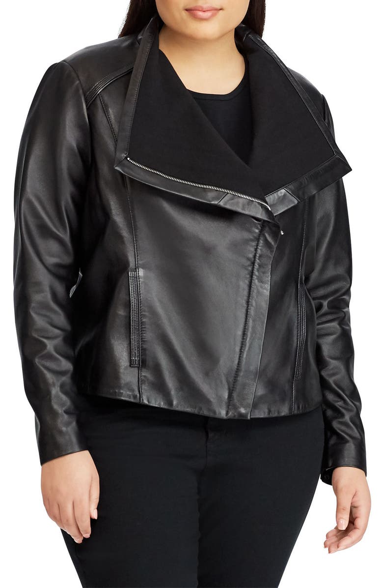 Lauren Ralph Lauren Drape Front Leather Jacket, Main, color,