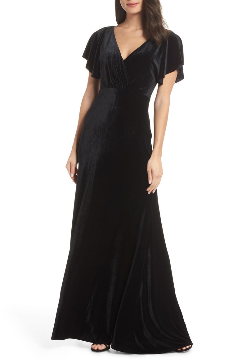 Ellis Flutter Sleeve Stretch Velvet Gown, Main, color, BLACK