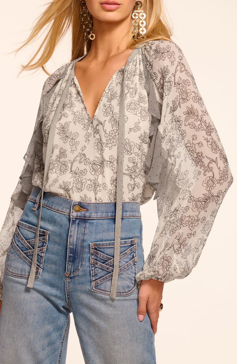 Ramy Brook Emily Ruffle Tie Neck Silk Top, Alternate, color, Bone/ Black Floral