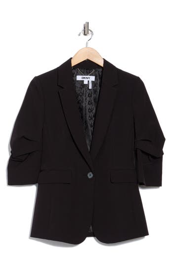 Dkny Ruched Sleeve One Button Blazer In Black