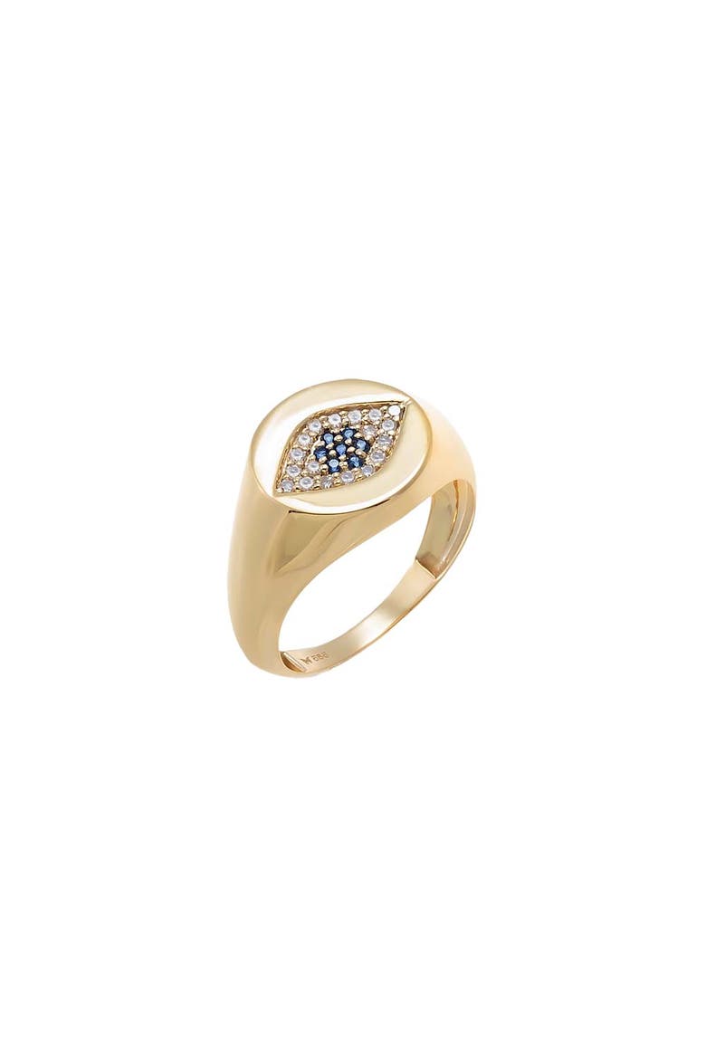 Diamond Pave Evil Eye Sapphire Blue Signet Pinky Ring 14K, Main, color, 14K Gold