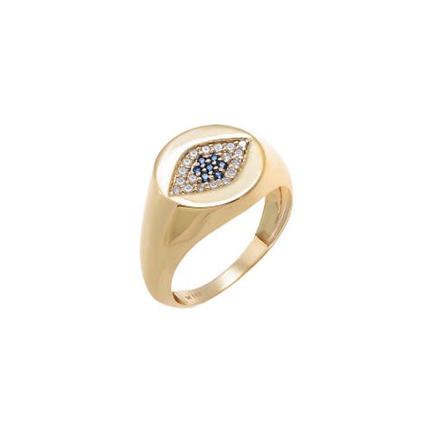 Diamond Pave Evil Eye Sapphire Blue Signet Pinky Ring 14K