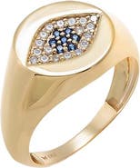 BY ADINA EDEN Diamond Pave Evil Eye Sapphire Blue Signet Pinky Ring 14K