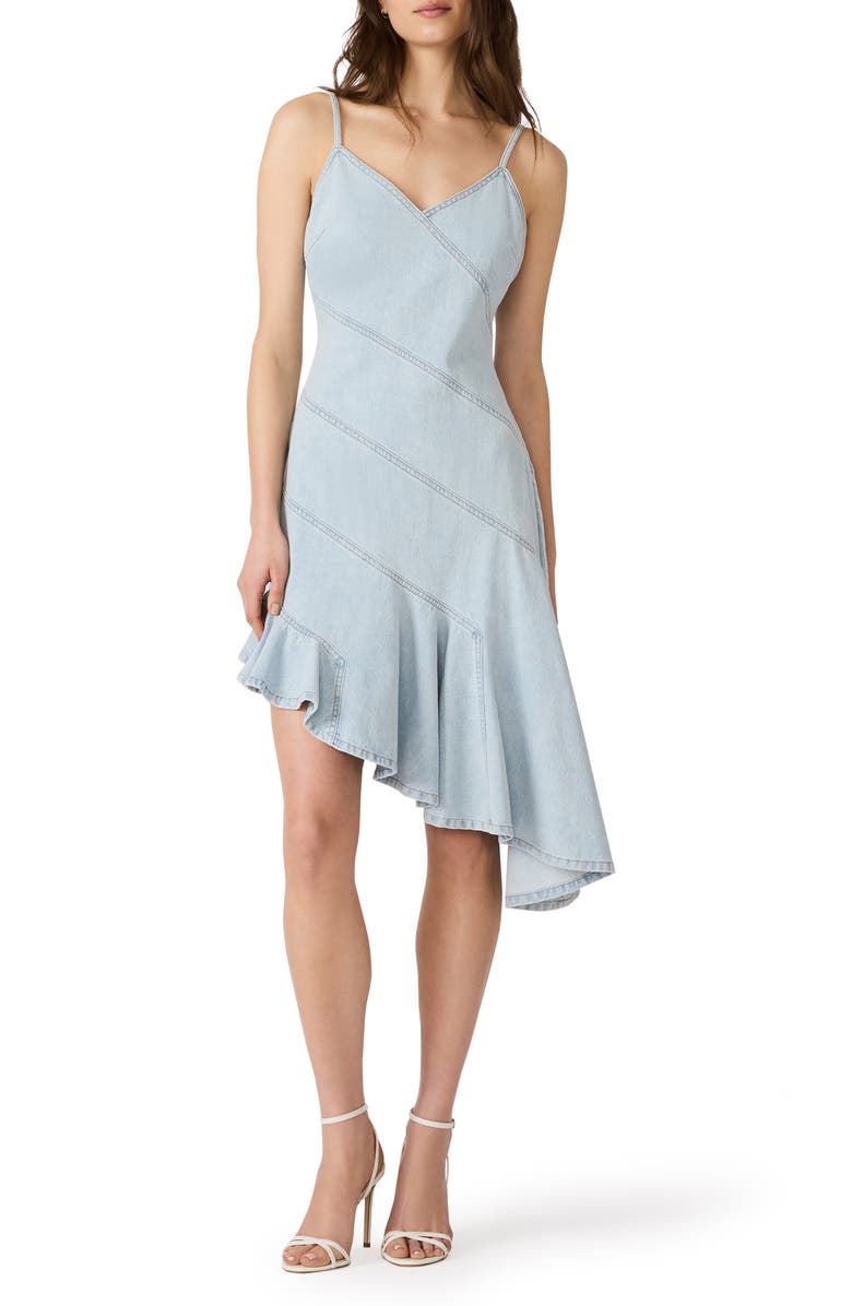Steve Madden Ellis Asymmetric Ruffle Denim Dress, Main, color, Hazey Blue