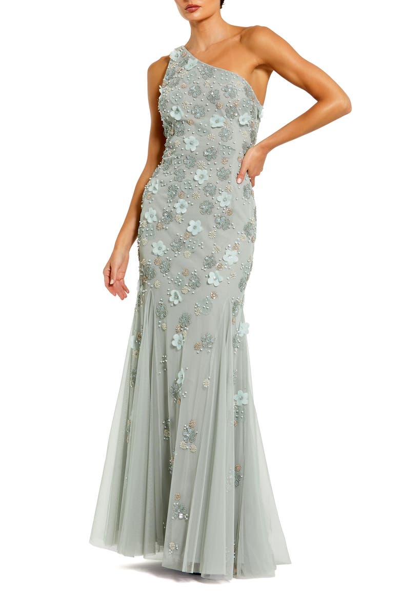 Embellished One Shoulder Strappy Trumpet Gown, Main, color, Sage