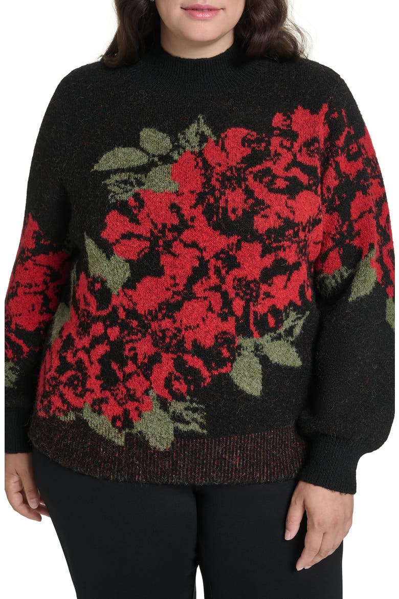 Rose Mock Neck Sweater, Main, color, BLACK/ ADMIRAL RED/ CYP GREEN