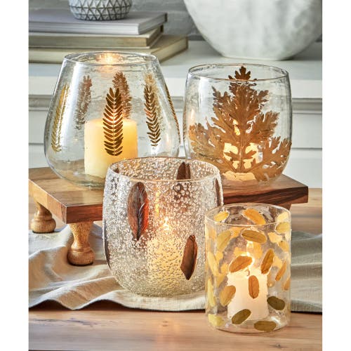 Tag Bubble Glass Pillar Candle Holder With Embedded Feathers In Multi