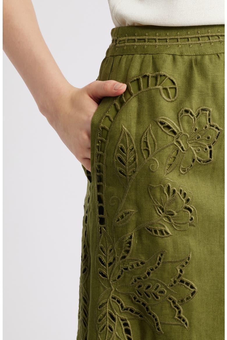 Majestic Garden Embroidered Eyelet Linen Midi Skirt, Alternate, color, GREEN