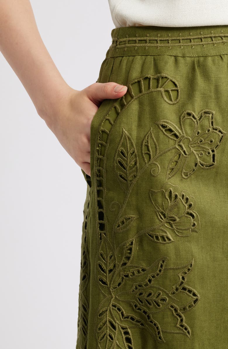 FARM Rio Majestic Garden Embroidered Eyelet Linen Midi Skirt, Alternate, color, Green