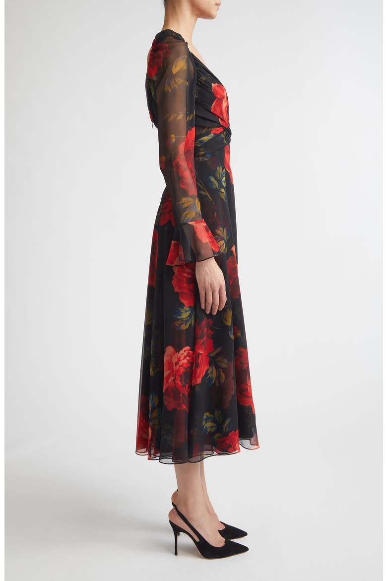 Rose Print Long Sleeve Cross Front Silk Chiffon Midi Dress, Alternate, color, BLACK MULTI