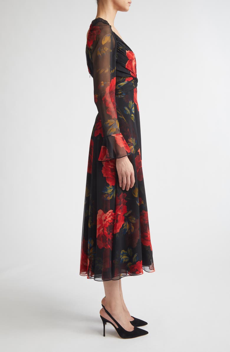 Carolina Herrera Rose Print Long Sleeve Cross Front Silk Chiffon Midi Dress, Alternate, color, Black Multi