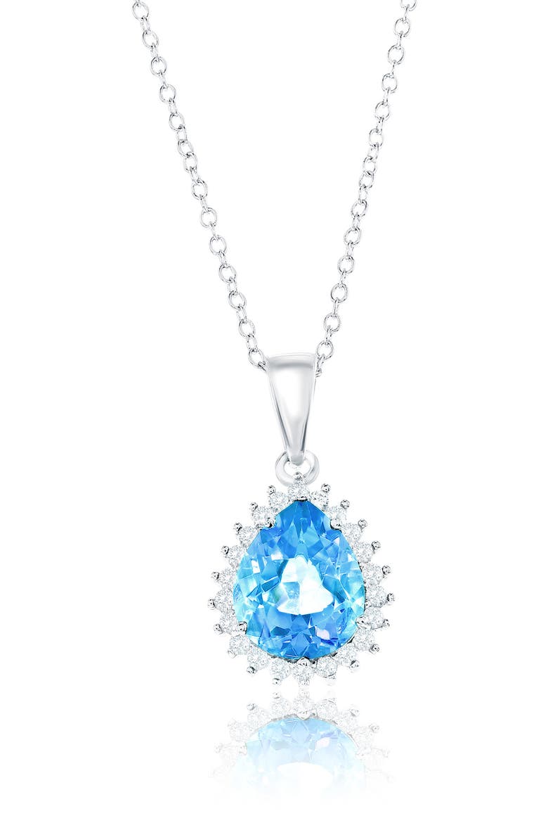 Pear Cut Semiprecious Stone & Cubic Zirconia Halo Pendant Necklace, Main, color, BLUE TOPAZ