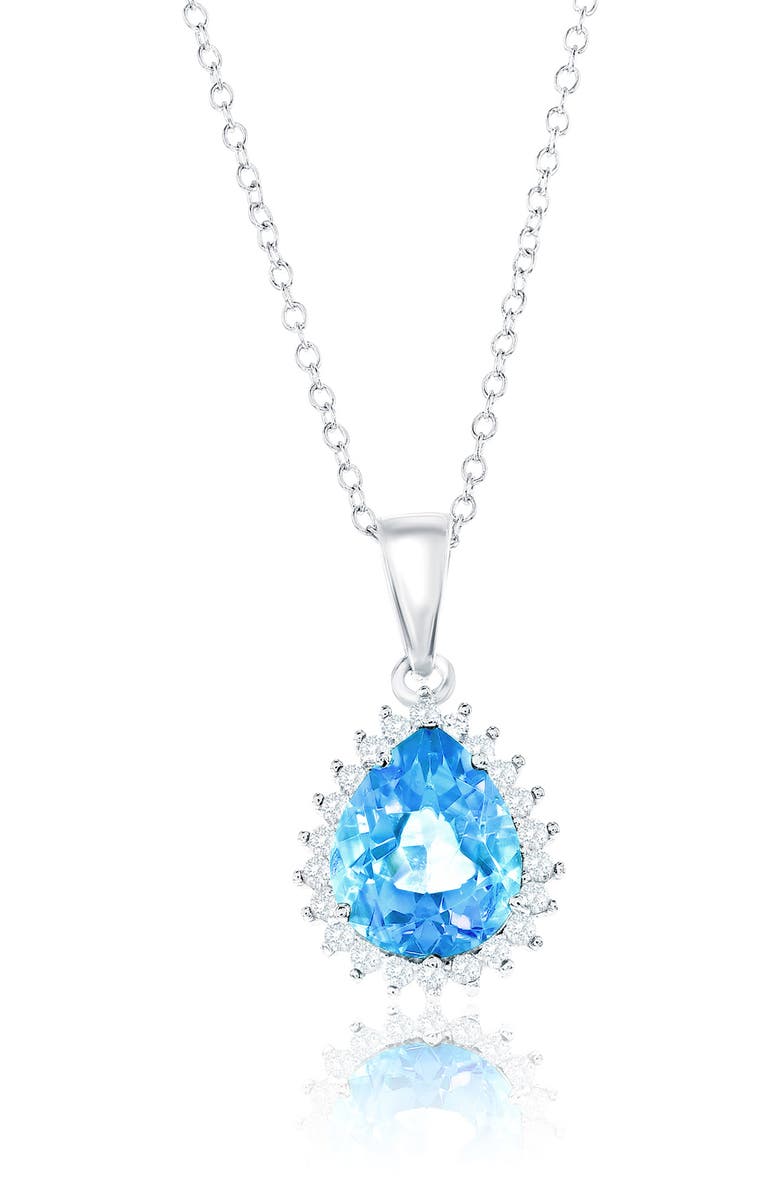 SIMONA Pear Cut Semiprecious Stone & Cubic Zirconia Halo Pendant Necklace, Main, color, Blue Topaz