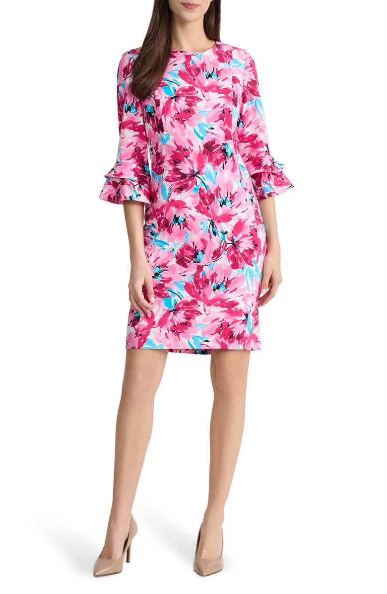 KASPER Flutter Sleeve Floral Sheath Dress, Main, color, Lily White Multi