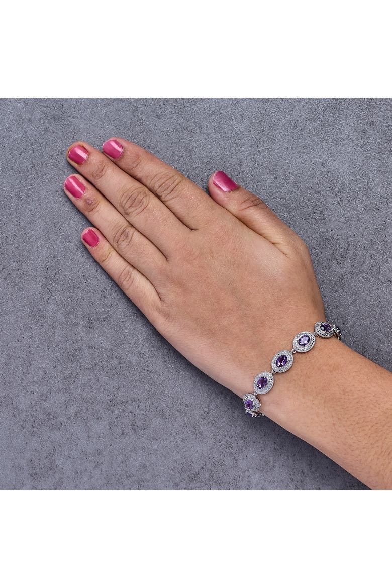 Sterling Silver 5x7 MM Oval Purple Amethyst & Diamond Halo Link Bracelet, Alternate, color, White