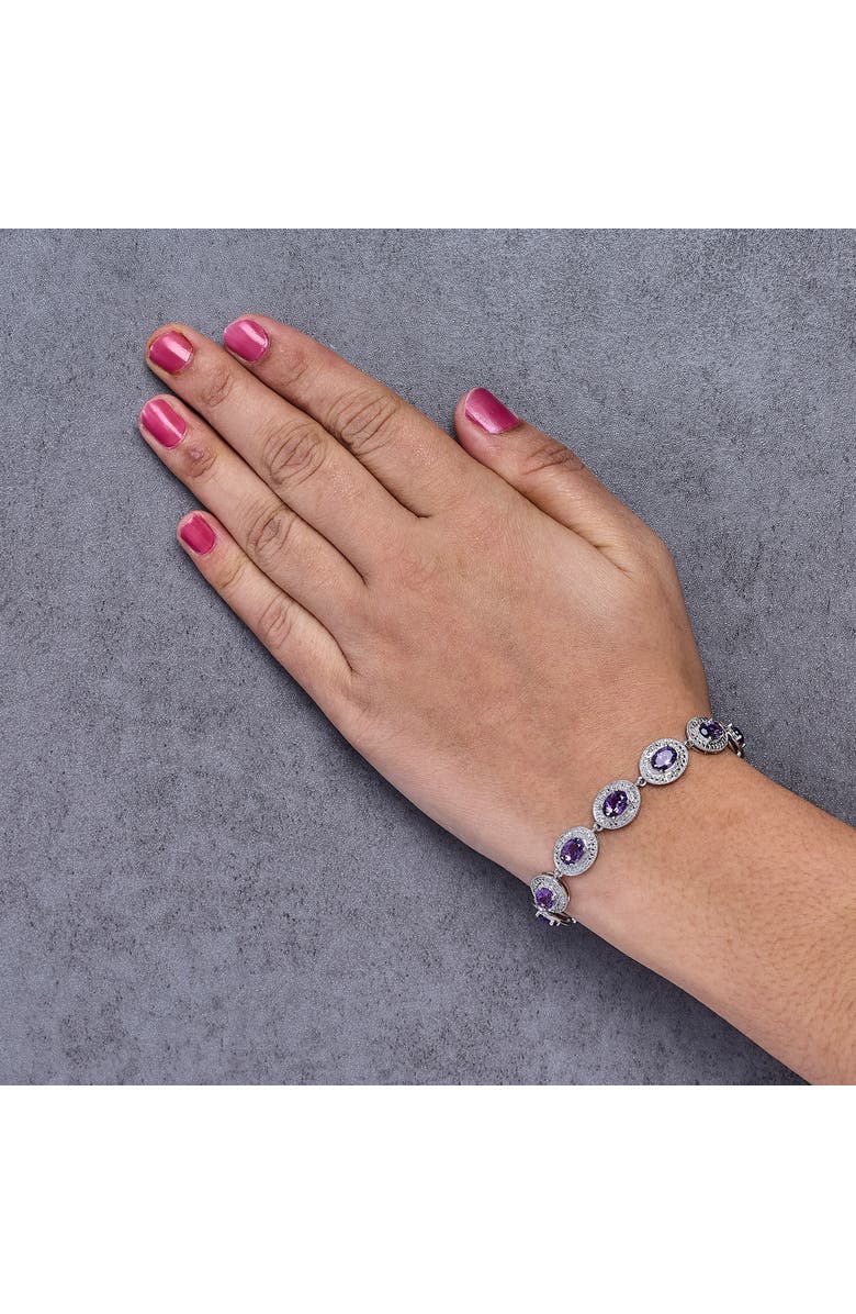 Haus of Brilliance Sterling Silver 5x7 MM Oval Purple Amethyst & Diamond Halo Link Bracelet, Alternate, color, White