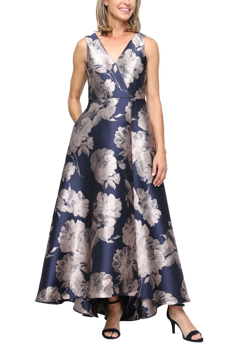 Floral Sleeveless Jacquard Gown, Main, color, NAVY/ TAUPE