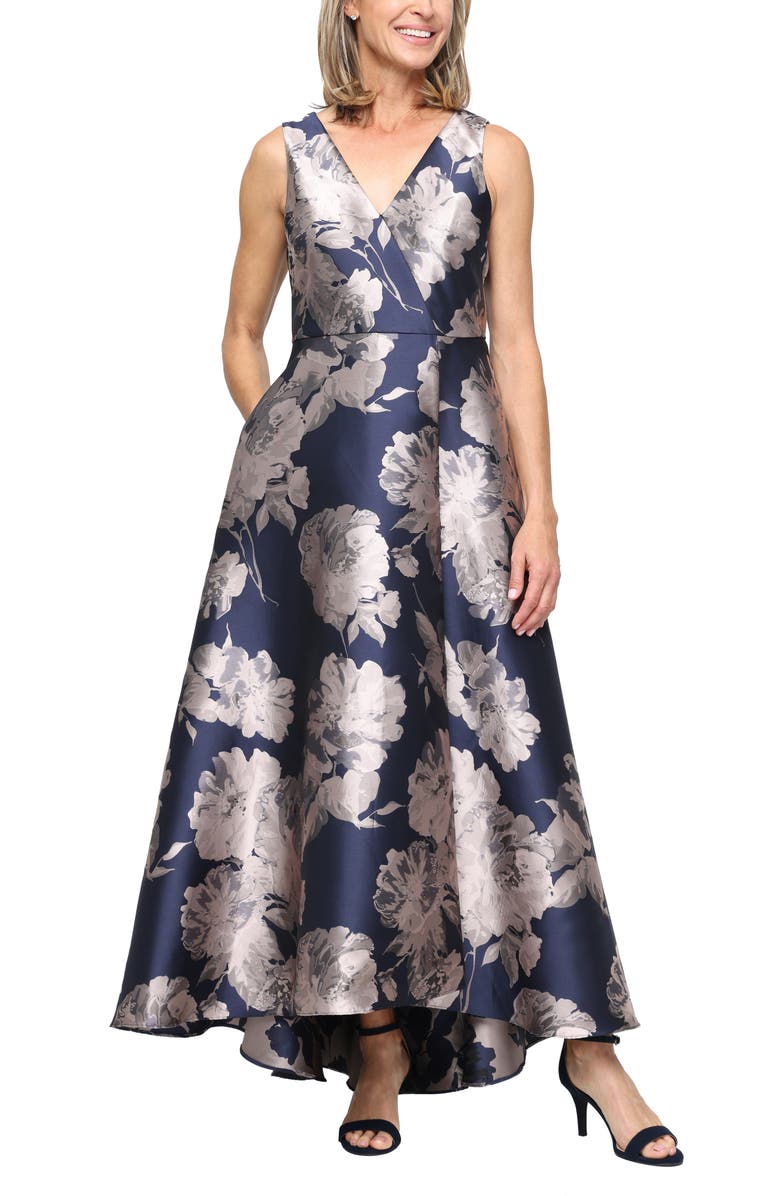 SL FASHIONS Floral Sleeveless Jacquard Gown, Main, color, Navy/ Taupe