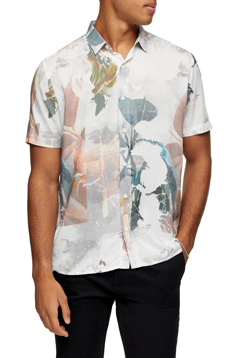 Norsen Watercolor Short Sleeve Button-Up Shirt, Main, color, GREY MULTI