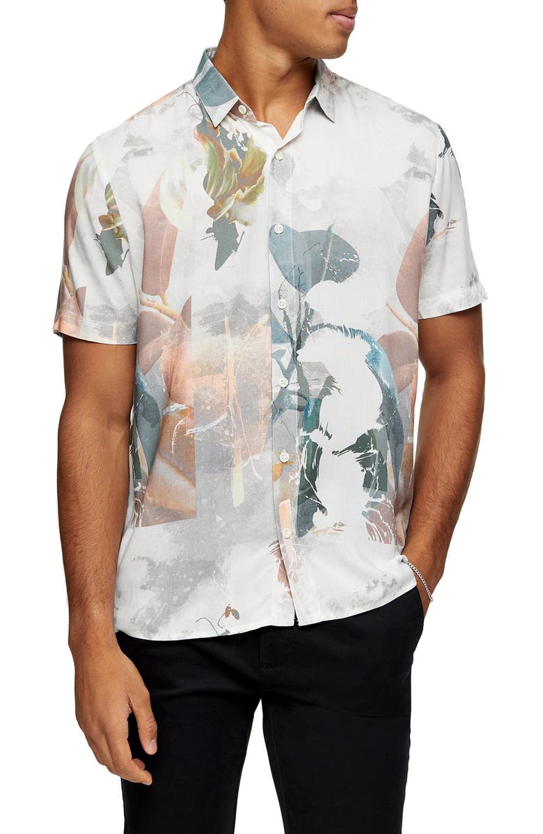 Topman Norsen Watercolor Short Sleeve Button-Up Shirt, Main, color,