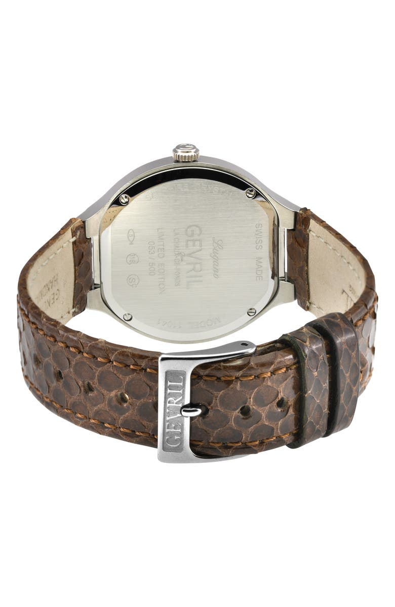 GEVRIL Lugano Diamond Snake Embossed Leather Strap Watch, 38mm, Alternate, color, Brown