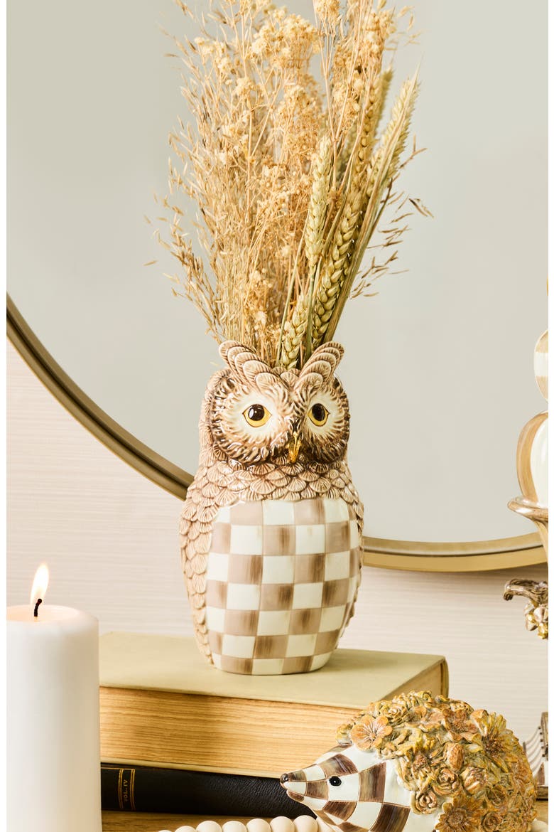 Mocha Check Ceramic Owl Vase, Alternate, color, BROWN