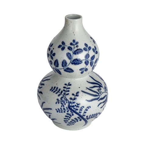 Large Hand-Painted Stoneware Vase, Blue and White