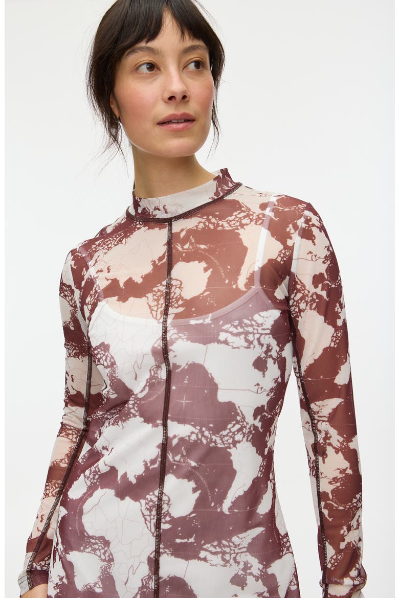 Starla Abstract Print Long Sleeve Mesh Dress, Alternate, color, OXBLOOD MIX
