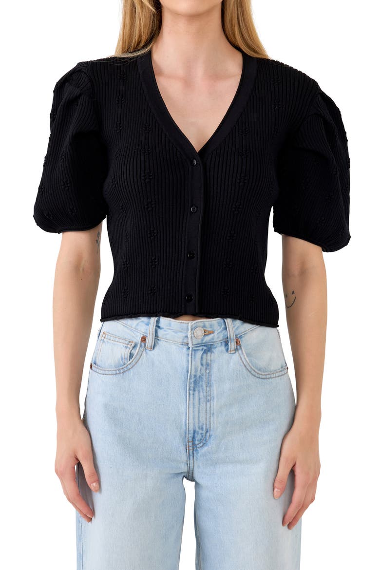 Puff Sleeve Cardigan, Main, color, BLACK