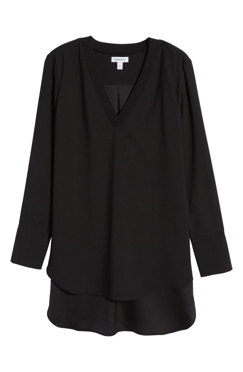 Nordstrom Rib Trim Woven Top, Alternate, color, Black