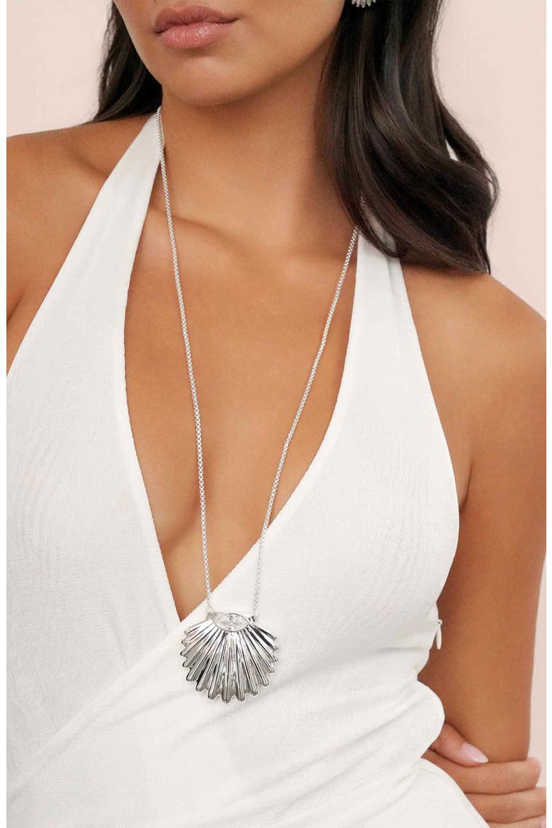 Cubic Zirconia Scalloped Shell Pendant Necklace, Main, color, SILVER