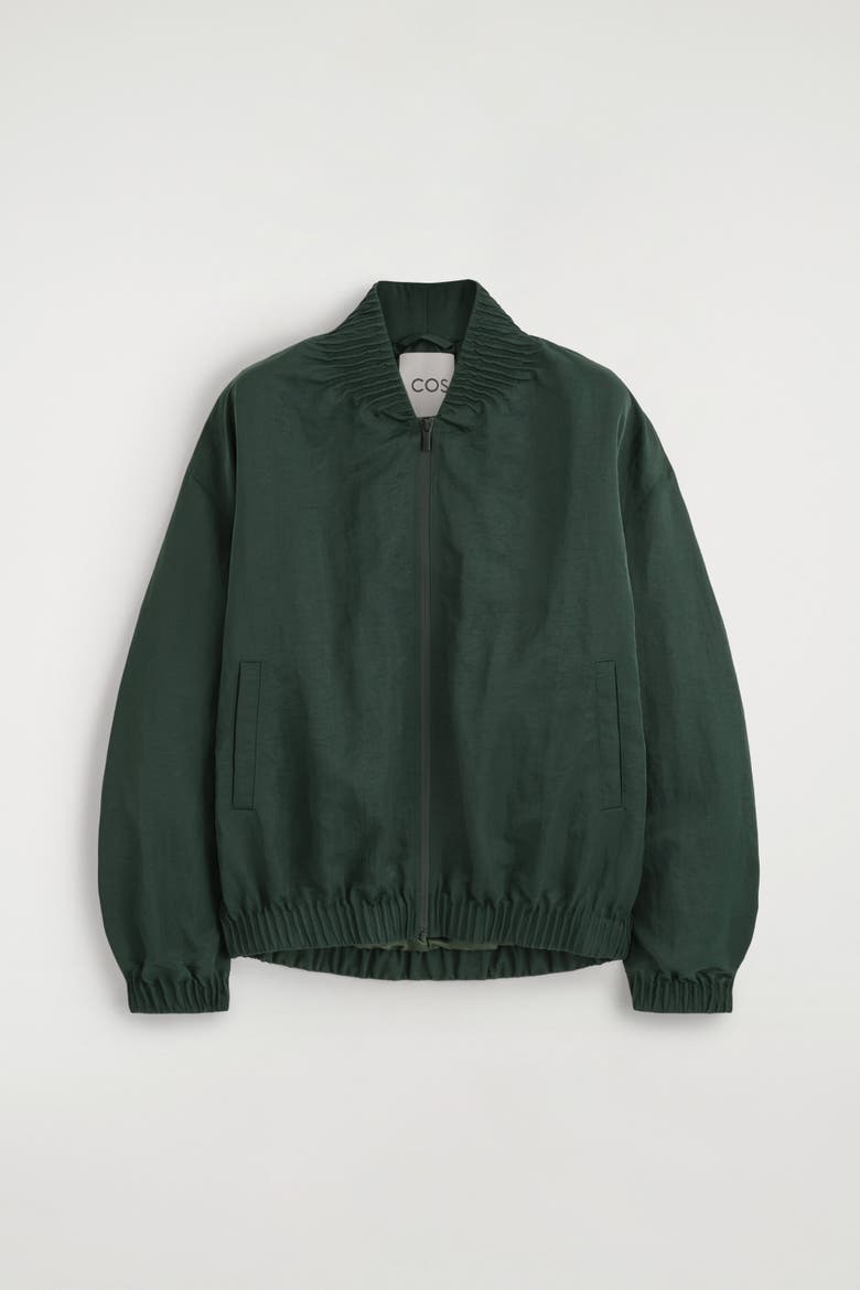 Gathered Nylon Bomber Jacket, Alternate, color, DARK GREEN