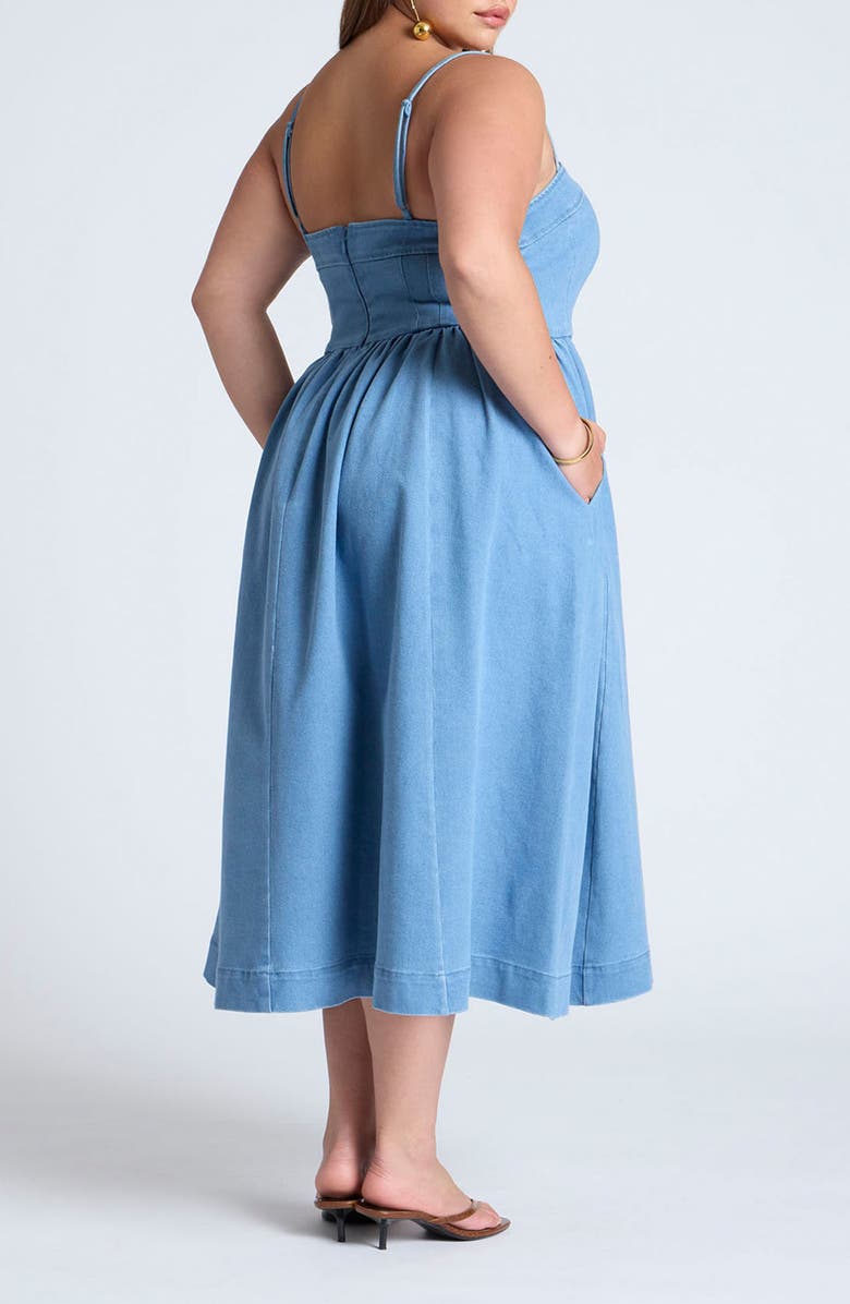 ELOQUII Corset Bodice Denim Midi Dress, Alternate, color, 