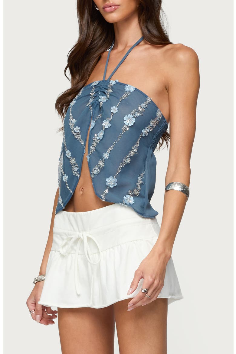 Floral Beaded Sequin Split Chiffon Halter Top, Alternate, color, DARK-BLUE