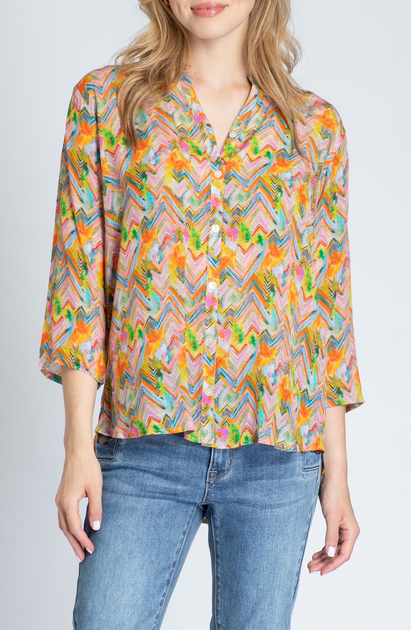Print Mandarin Collar Chiffon Button-Up Top - image 5