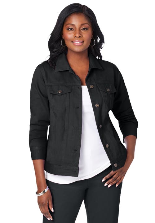 Jessica London Classic Cotton Denim Jacket In Black