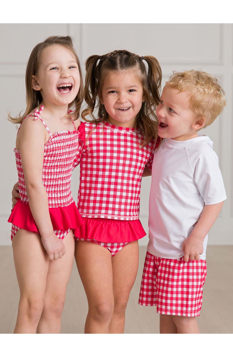 RuffleButts Baby/Toddler Girls UPF50+ Sun Protected Skirted Flutter Long Sleeve Rash Guard Bikini, Alternate, color, Vintage Red Gingham