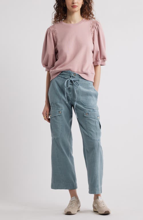 Treasure & Bond Lace Inset Puff Sleeve Crop Sweatshirt In Pink Timber