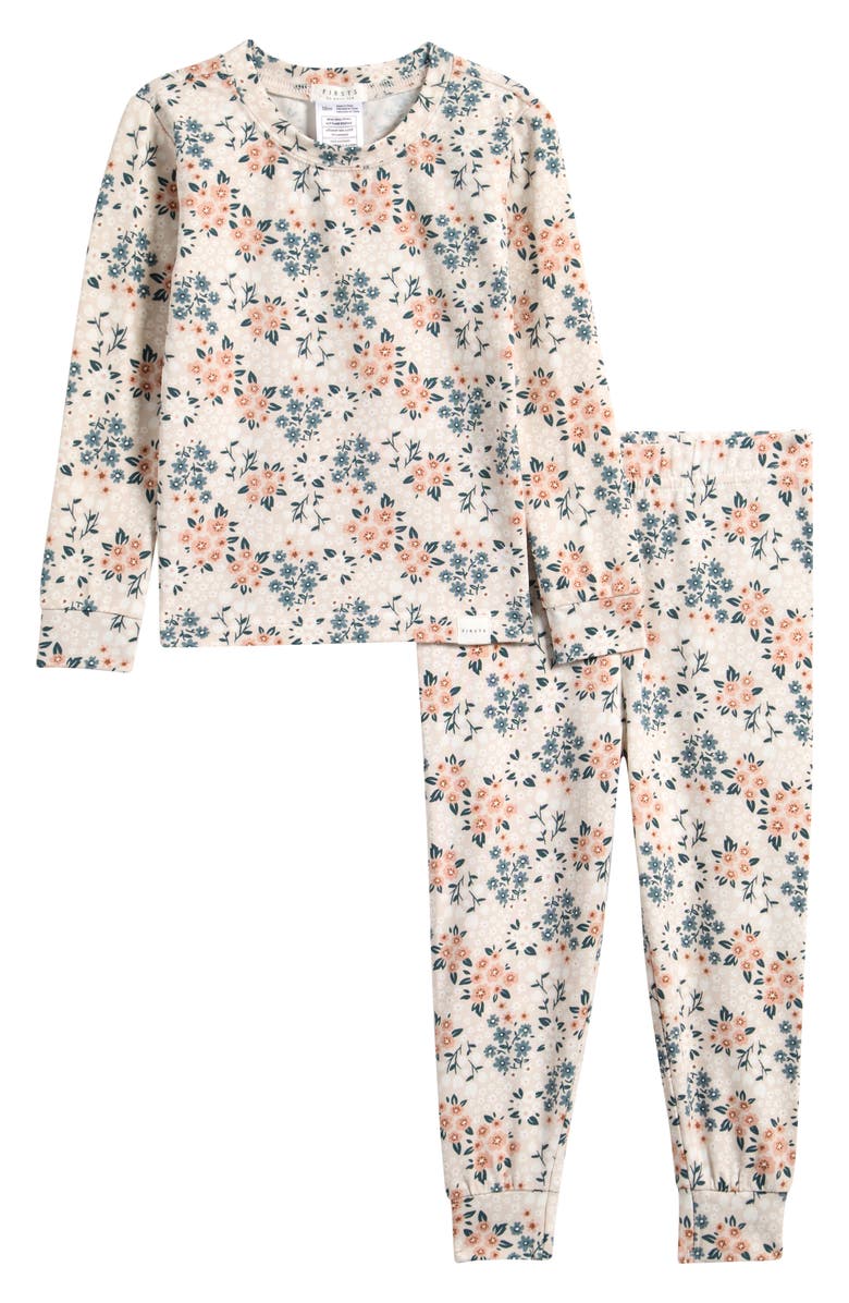 Petit Lem Spring Flowers Fitted Two-Piece Cotton Blend Pajamas, Main, color, Beige