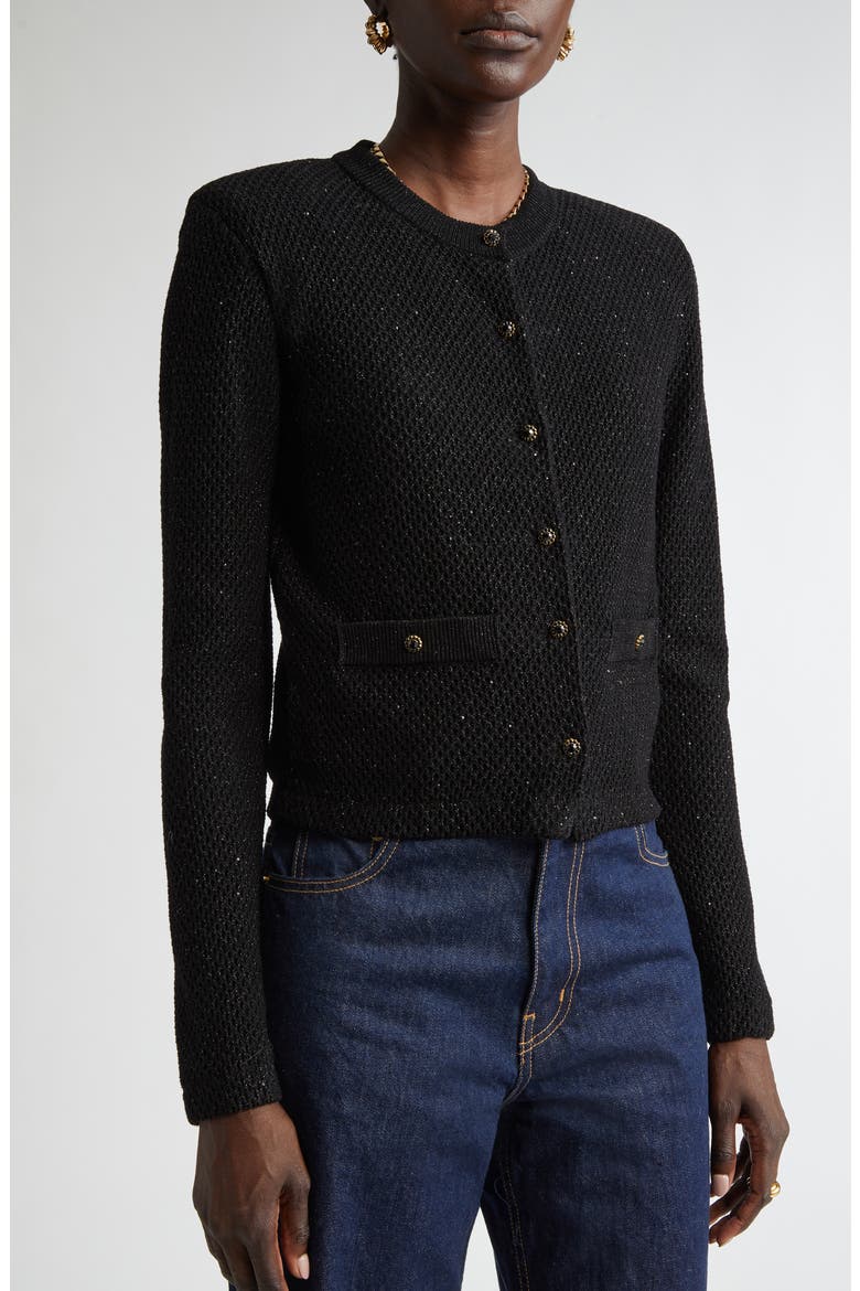 Microsequin Cotton Blend Cardigan, Alternate, color, BLACK