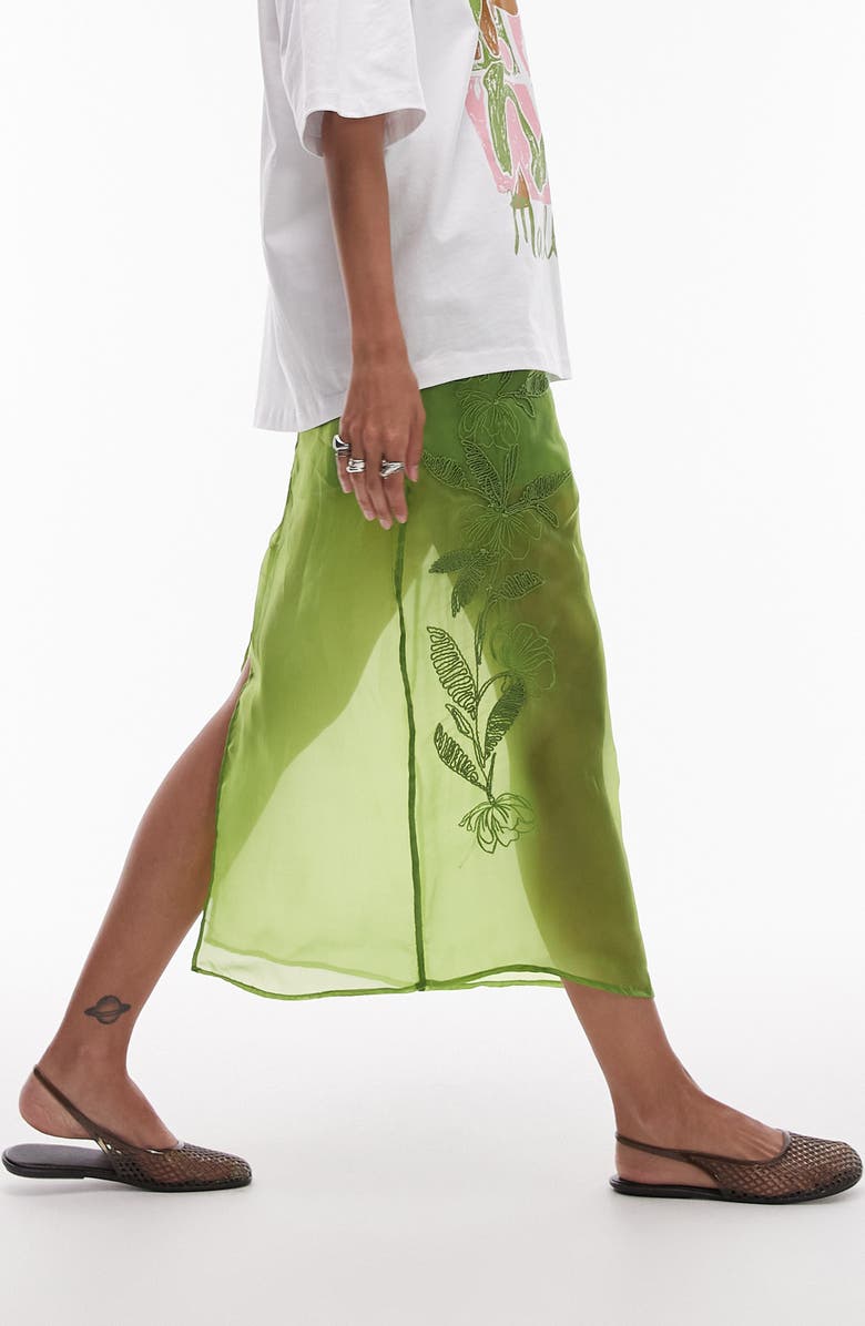 Topshop Embroidered Cotton Organza Midi Skirt, Alternate, color,