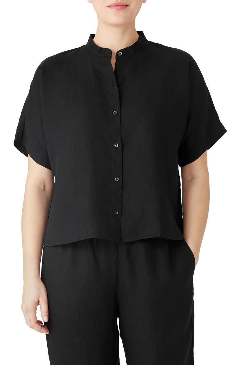Eileen Fisher Mandarin Collar Linen Button-Up Shirt, Main, color,