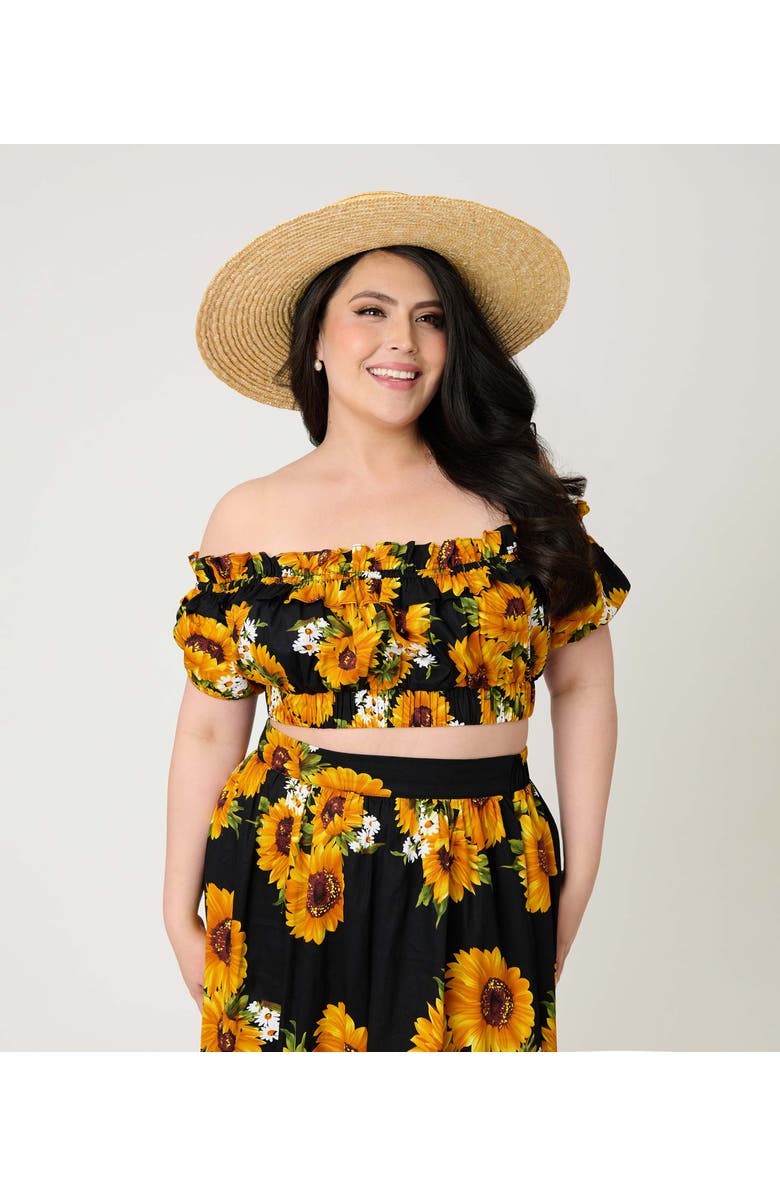 Unique Vintage Plus Size 1970s Off Ruffle Up Crop Top, Alternate, color, Black Floral Print