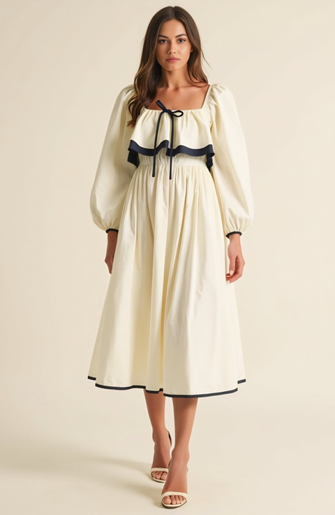 Long Sleeve Ruffle Trim Midi Dress with Tie Front Detail